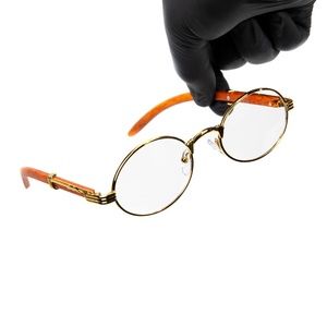 Woodgrain Round Gold Frame Men's Clear Lens Glasses